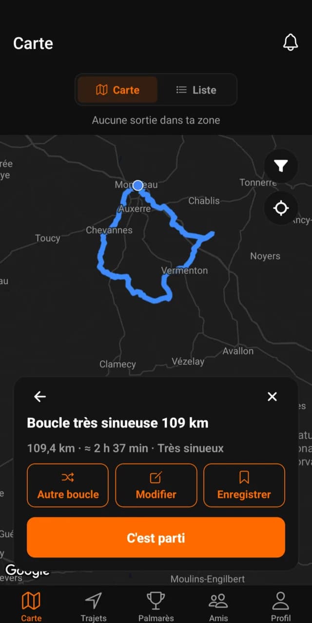 Écran Carte de l'app Bécane : une boucle très sinueuse de 109 km générée autour d'Auxerre, avec les boutons Autre boucle, Modifier, Enregistrer et C'est parti